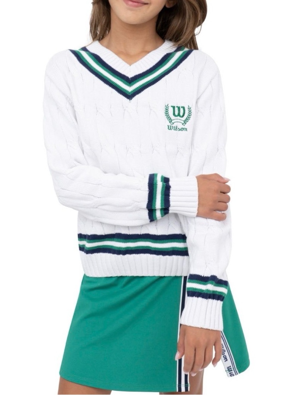 Wilson White V-Neck Cable Knit Sweater with Green and Navy Trim L (10/12) New